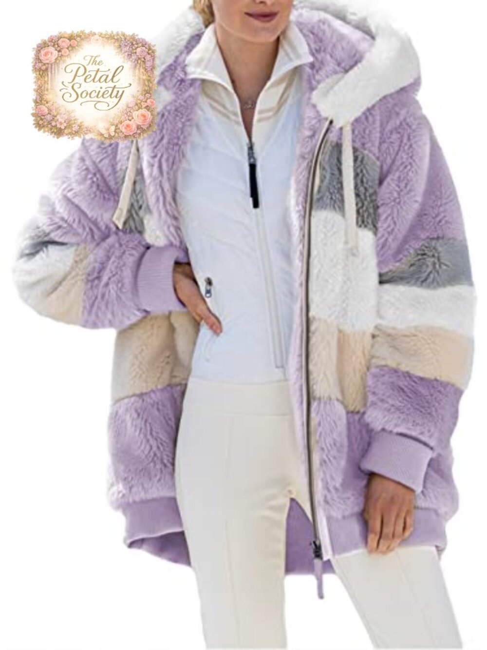 Fuzzy Fleece Hooded Cardigan Coat with Pockets Color Block Patchwork